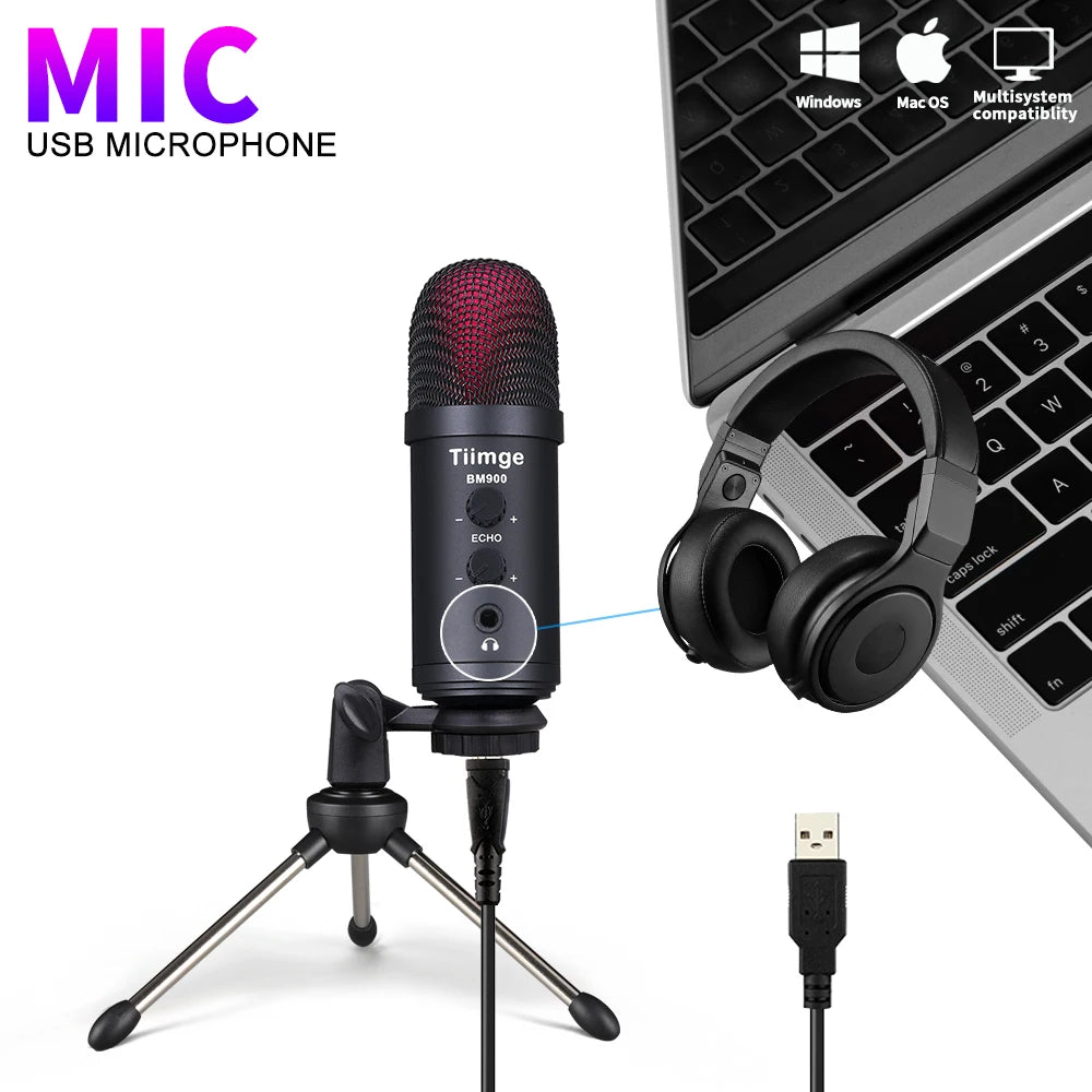 USB Computer Recording Microphone for Mac and PC, Condenser Microphone with Gain and Echo Control for Home Studio, Plug and Play