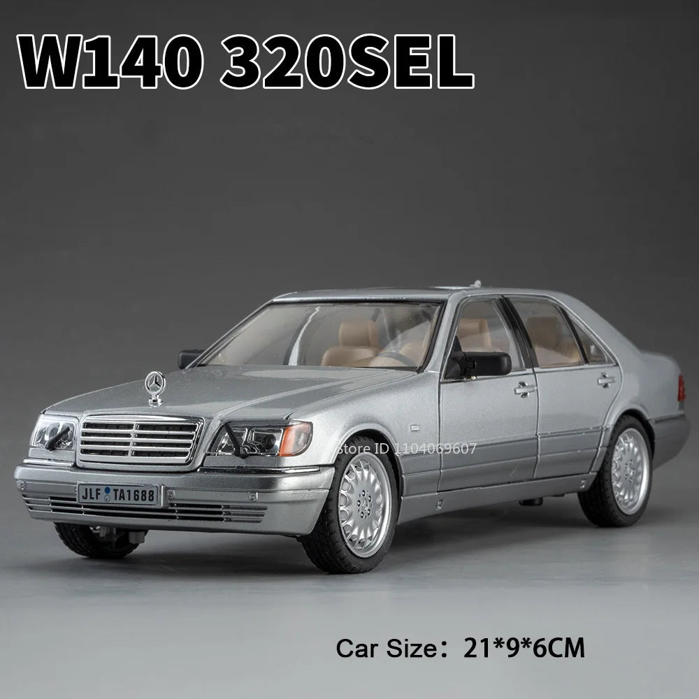 1:24 W140 320SEL Miniature Toy Car Models Alloy Diecast E300eL Vintage Cars Sound Light Pull Back Doors Opened Festival Presents