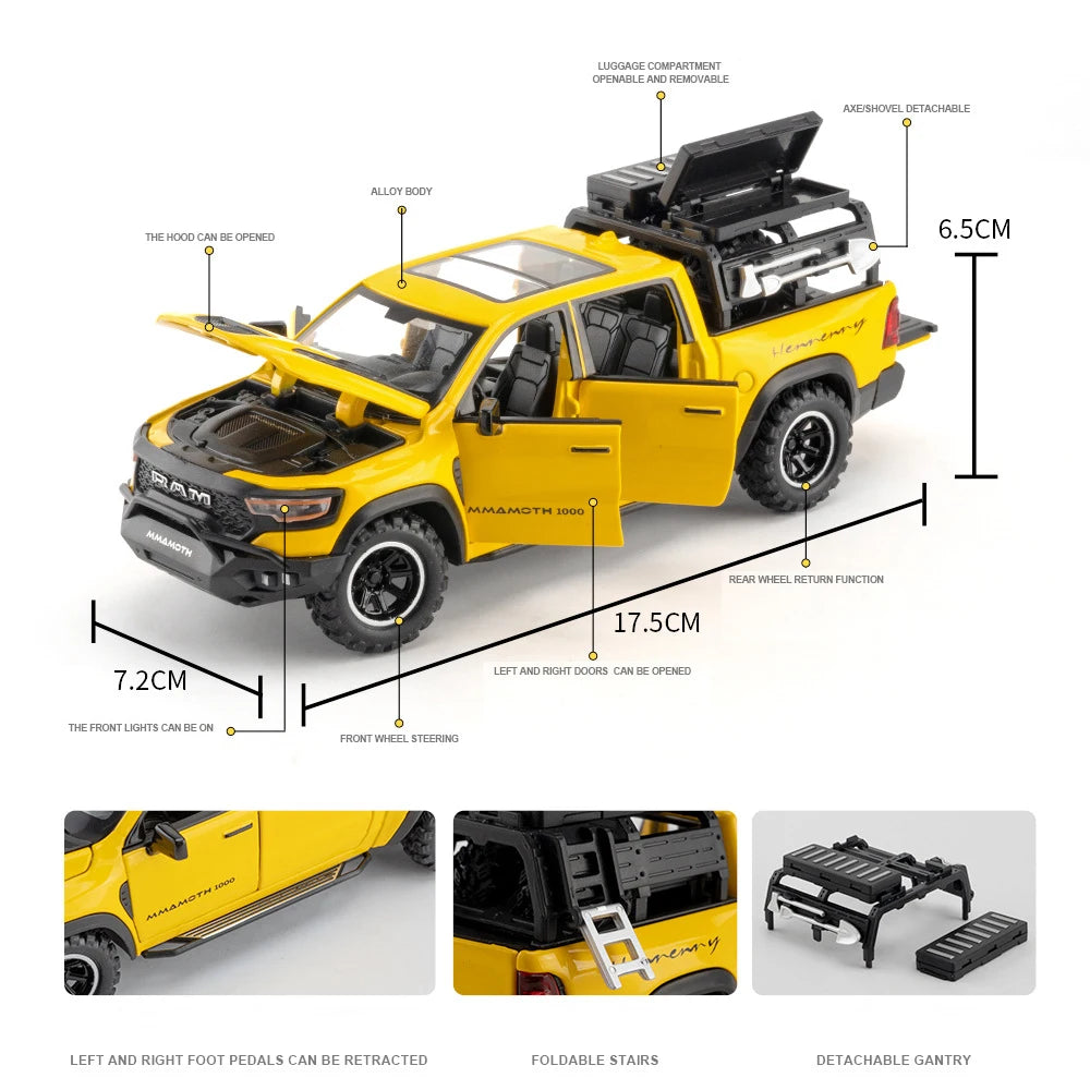 New 1:32 Dodge RAM 1000 TRX Mammoth Picku Alloy Car Model Sound and Light Pull Back Children's Toy Collectibles Birthday Gift