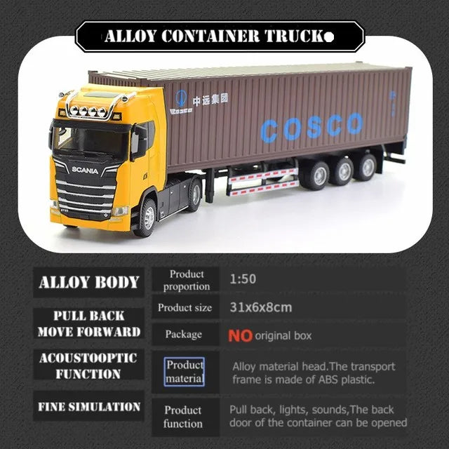 1:50 Simulation Alloy Diecast Large Truck Head Model Container Toy Pull Back Sound Light Engineering Transport Vehicle For Kids