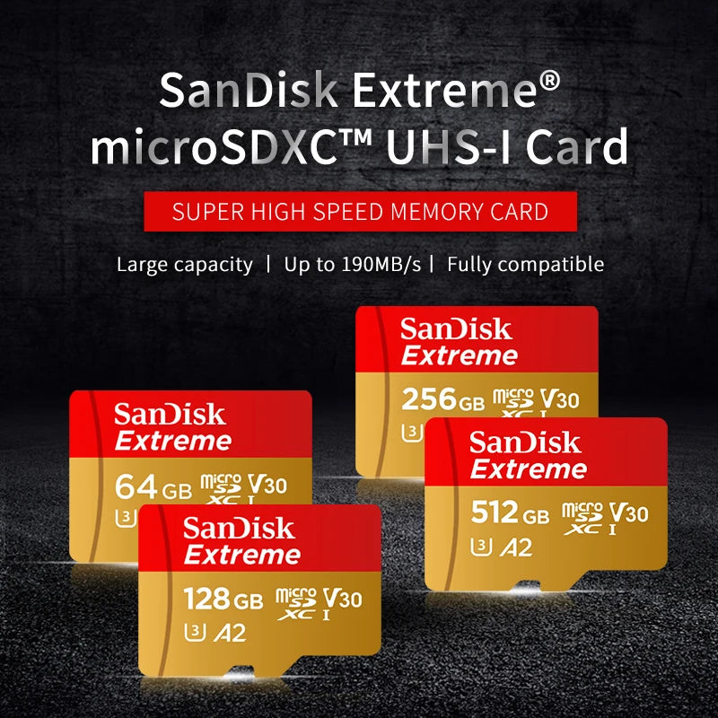 SanDisk Extreme microSDXC UHS-I CARD V30 A2 Memory Card 32GB 64GB 128GB 256GB 512GB 1TB Micro SD Card Max 190Mb/s Flash TF Card