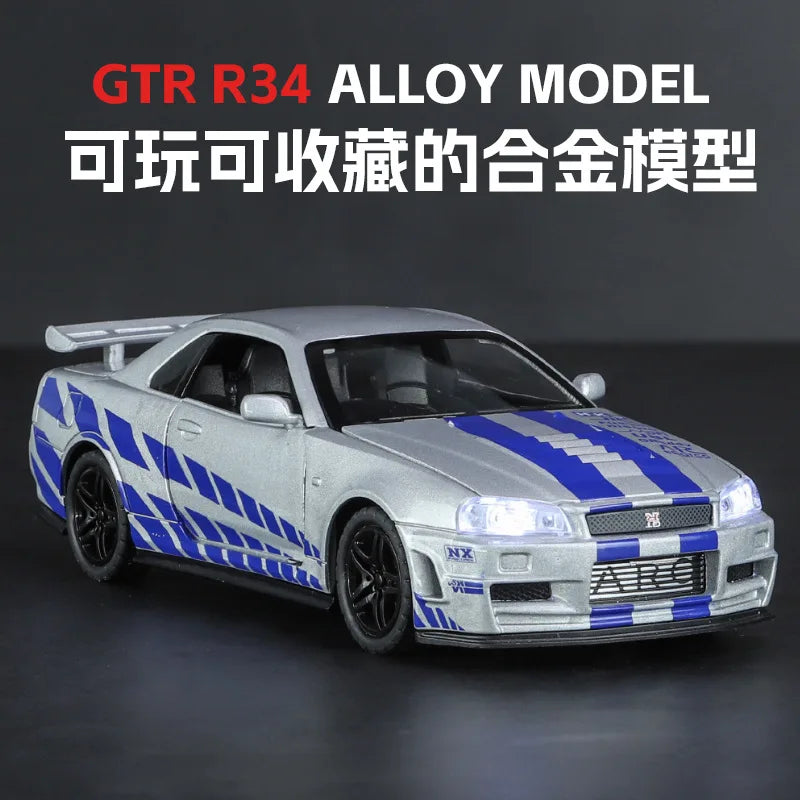 1:32 Nissan GTR R34 Fast & Furious Alloy Car Model Diecasts Toy With Sound and Light Vehicles Decoration Toys For Kids Gift A903