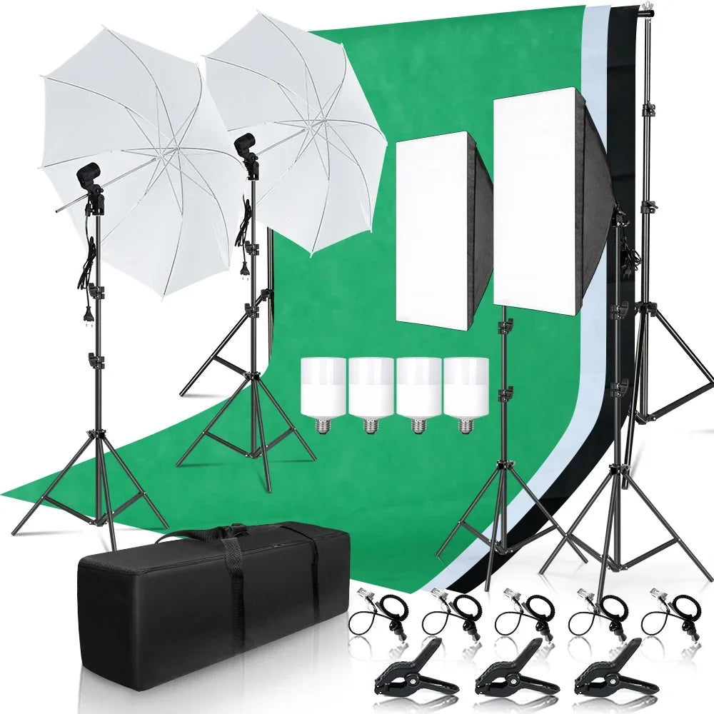 Photography Photo Studio Softbox Lighting Kit With 2.6x3M Background Frame 3pcs Backdrops Tripod Stand Reflector Board 4Umbrella