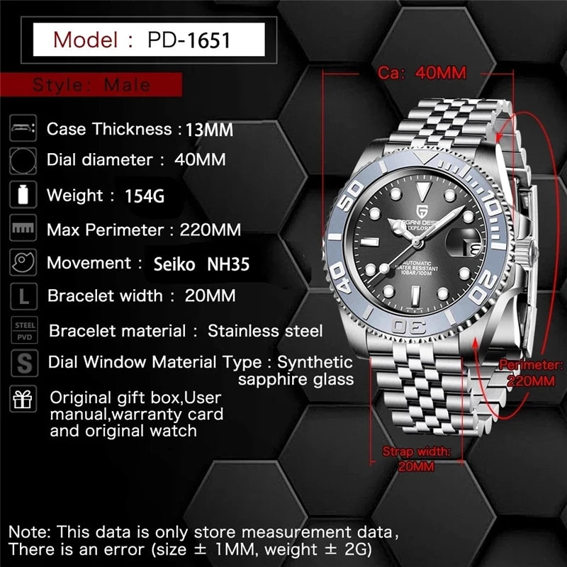 2023 PAGANI DESIGN New Luxury Men Mechanical Wristwatch Stainless Steel Sapphire Automatic Watch 100M Waterproof  Clock