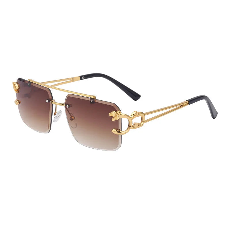 Fashion Leopard Rimless Sunglasses Double Bridges Gradient Ocean Film Shades UV400