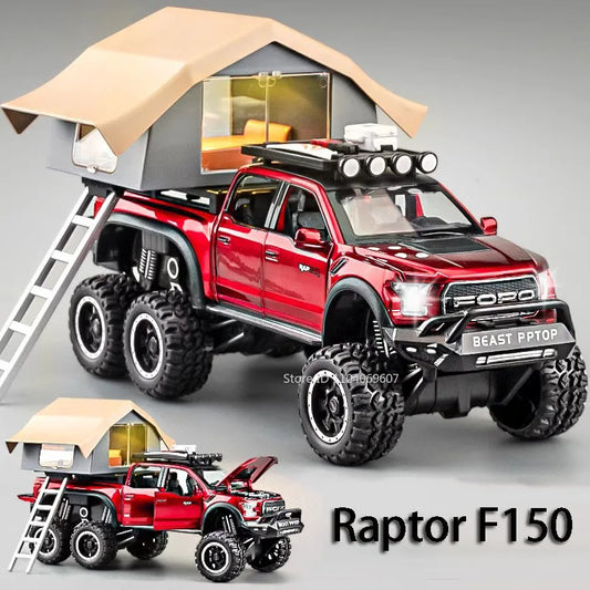 1:24 Raptor F150 Toy Car Models Alloy Diecast Camping RV Pull Back Sound Light 5 Doors Opened Ornament Vehicle Presents for Kids