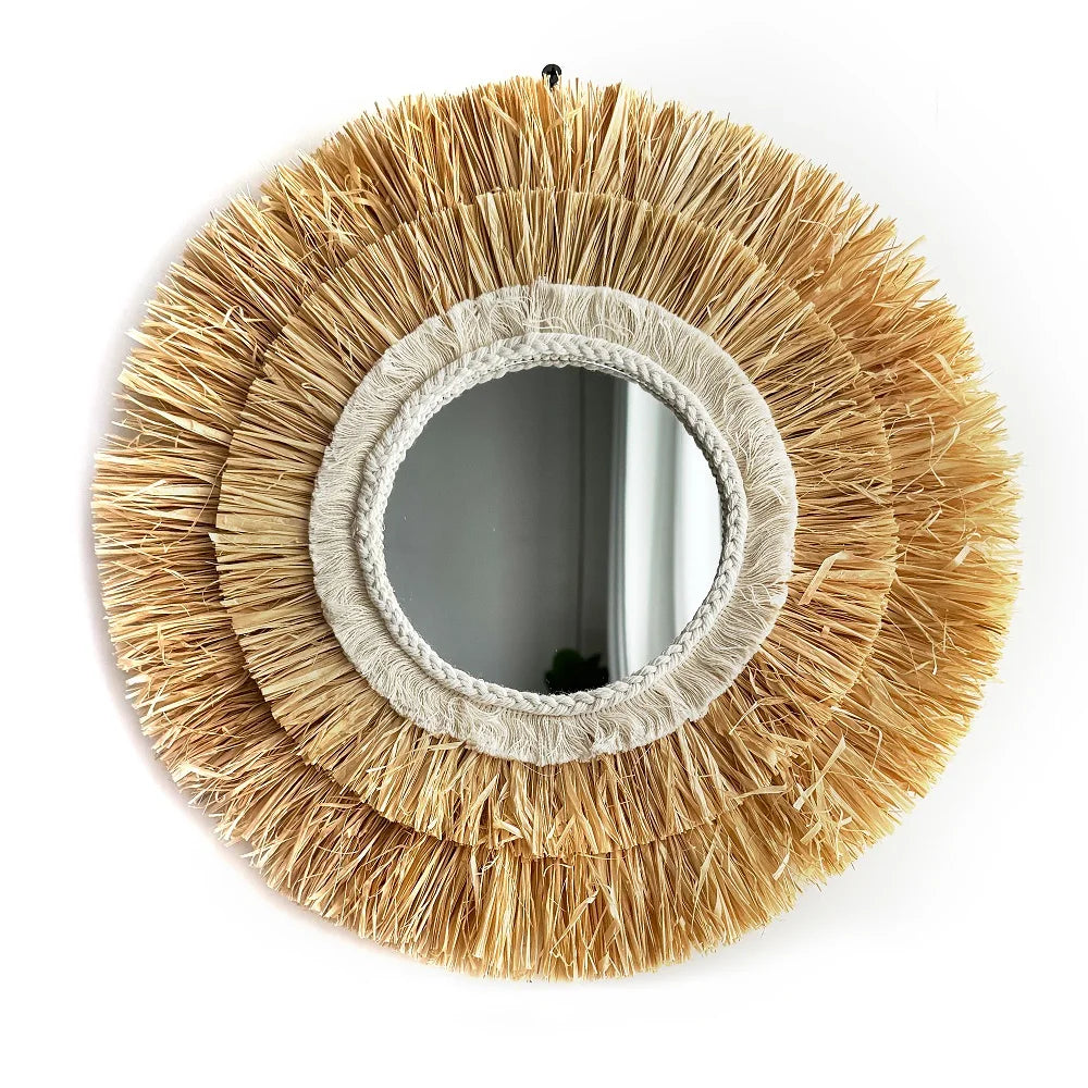 Round Hanging Wall Mirror Decorative Two-tier Raffia Circle Wall Mounted Mirror for Farmhouse Living Room Bedroom Bathroom