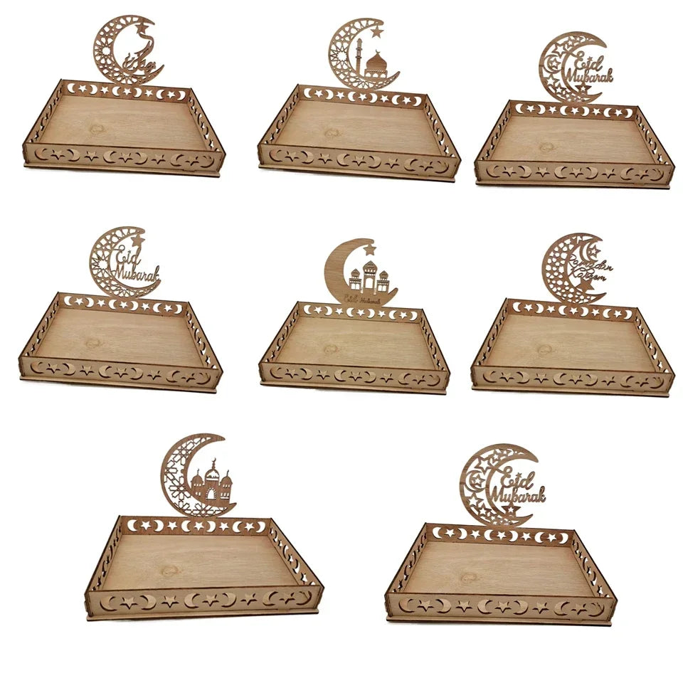 Wooden Eid Mubarak Moon Star Tray for Ramadan Kareem Food Holder Table Decoration Al Adha Islamic Muslim Party Supplies