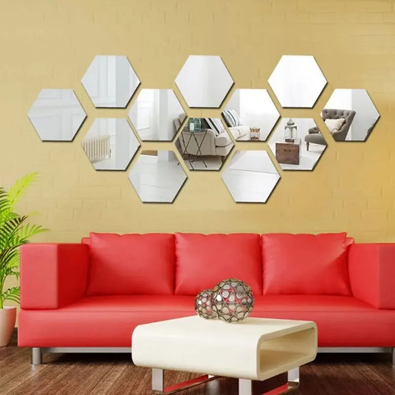 24pcs Hexagon Mirror Sticker Gold Self Adhesive Mosaic Tiles Wall Sticker Decals DIY Bedroom Living Room Bathroom Home Decor