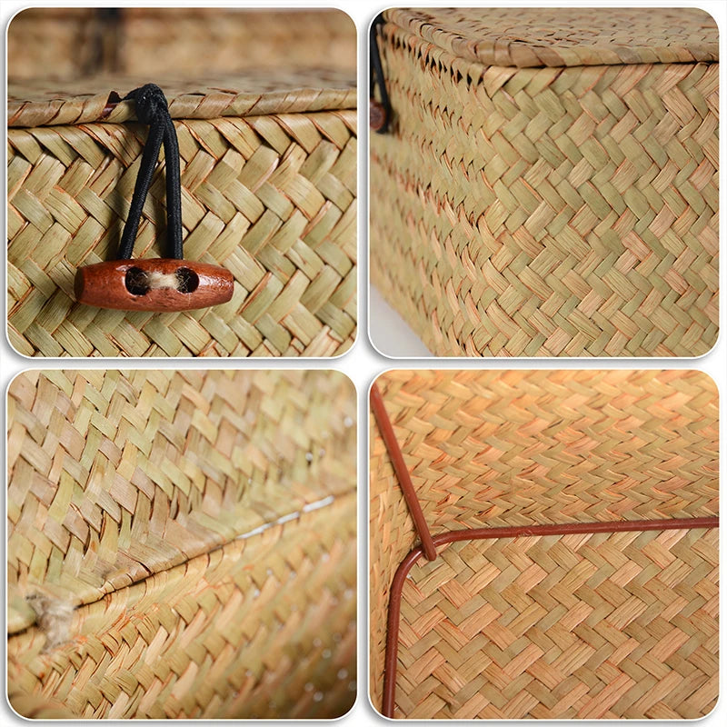 Storage Shelf Basket with Lid Rectangular Handmade Seagrass Rattan Woven Makeup Organizer Multipurpose Container Natural Box for