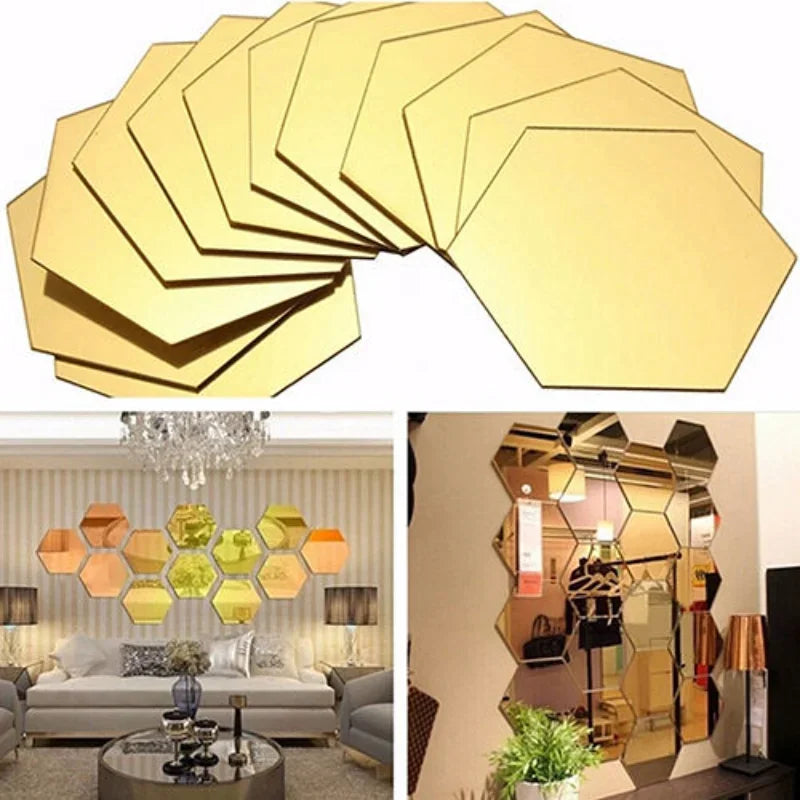 24/6pcs 3D Mirror Wall Sticker Hexagon Acrylic Self Adhesive Mirror Stickers Art Wall Decals Mosaic Tiles DIY Home Bedroom Decor