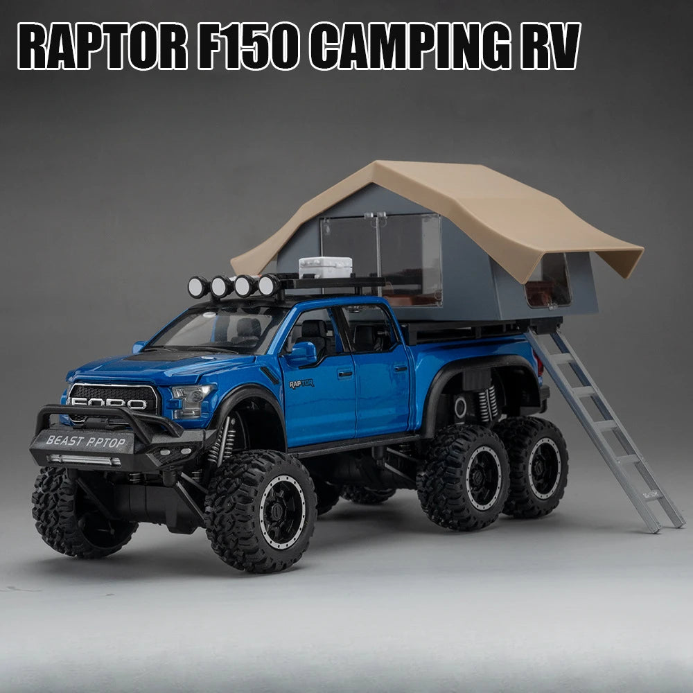 1:24 Raptor F150 Toy Car Models Alloy Diecast Camping RV Pull Back Sound Light 5 Doors Opened Ornament Vehicle Presents for Kids