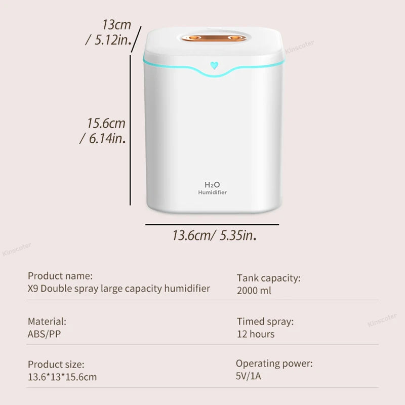 2000ml Double Spray Air Humidifier Essential Oil Diffuser Household Electric Aromatic Diffuser Ultrasonic Silent Cool Mist Maker