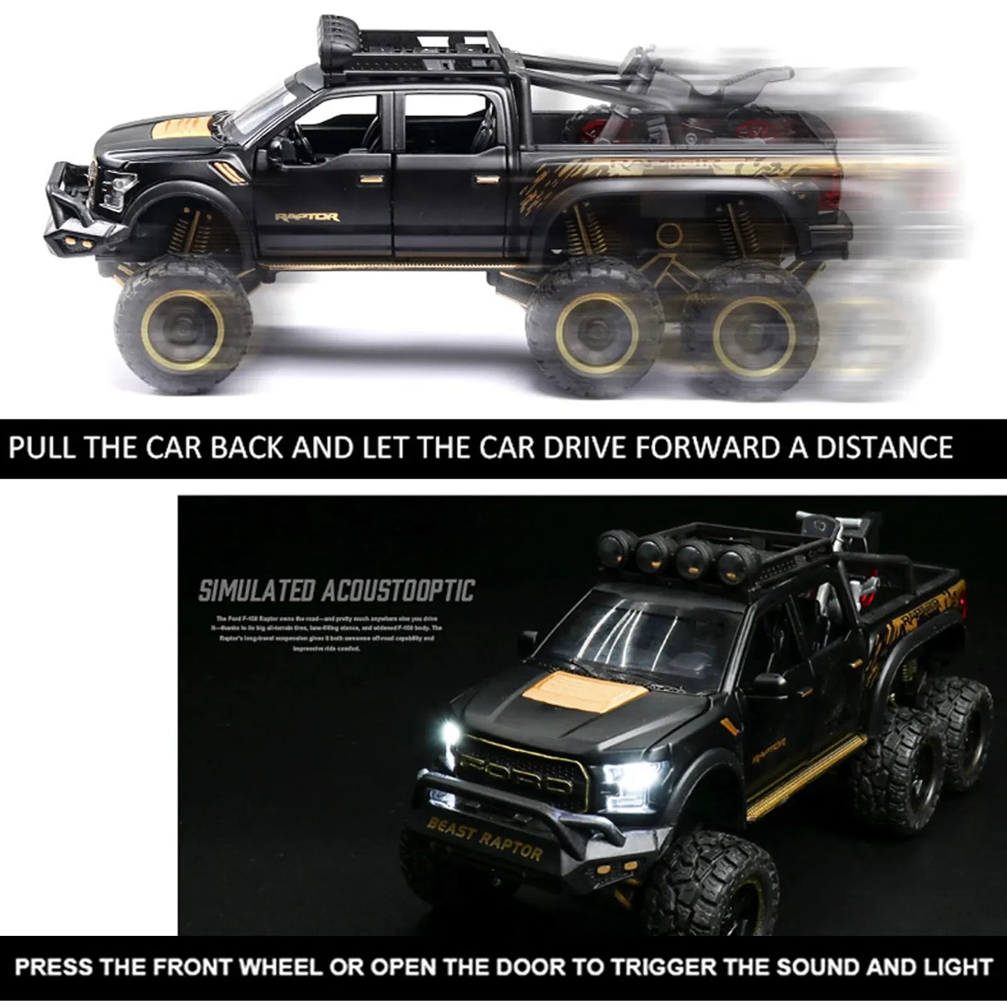 1:24 Pickup Trucks for Boys F150 Raptor Diecast Metal Model Car with Sound and Light for Kids Age 3 Year and up Blue