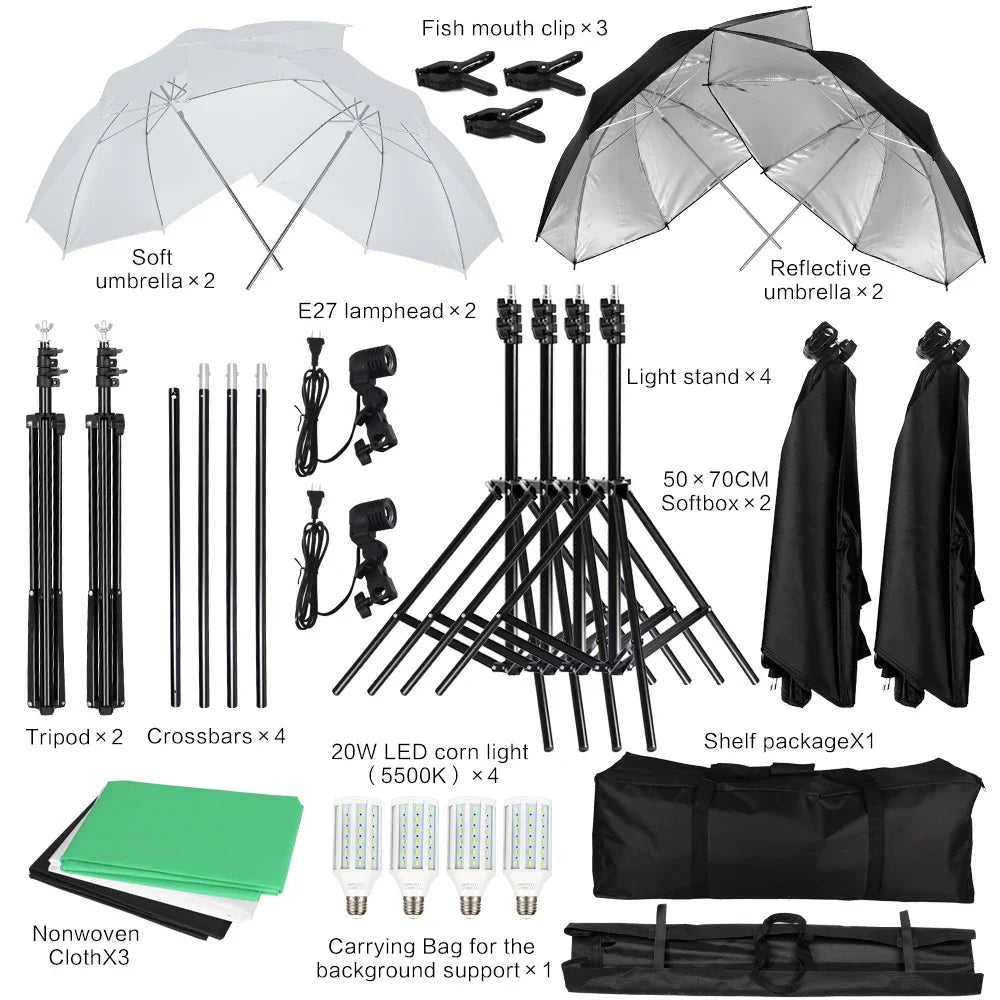 Photography Lighting Kit 2x3M Photo Background Backdrops Soft Umbrella Softbox Light Stand  Portable Bag For Photo Studio Shoot