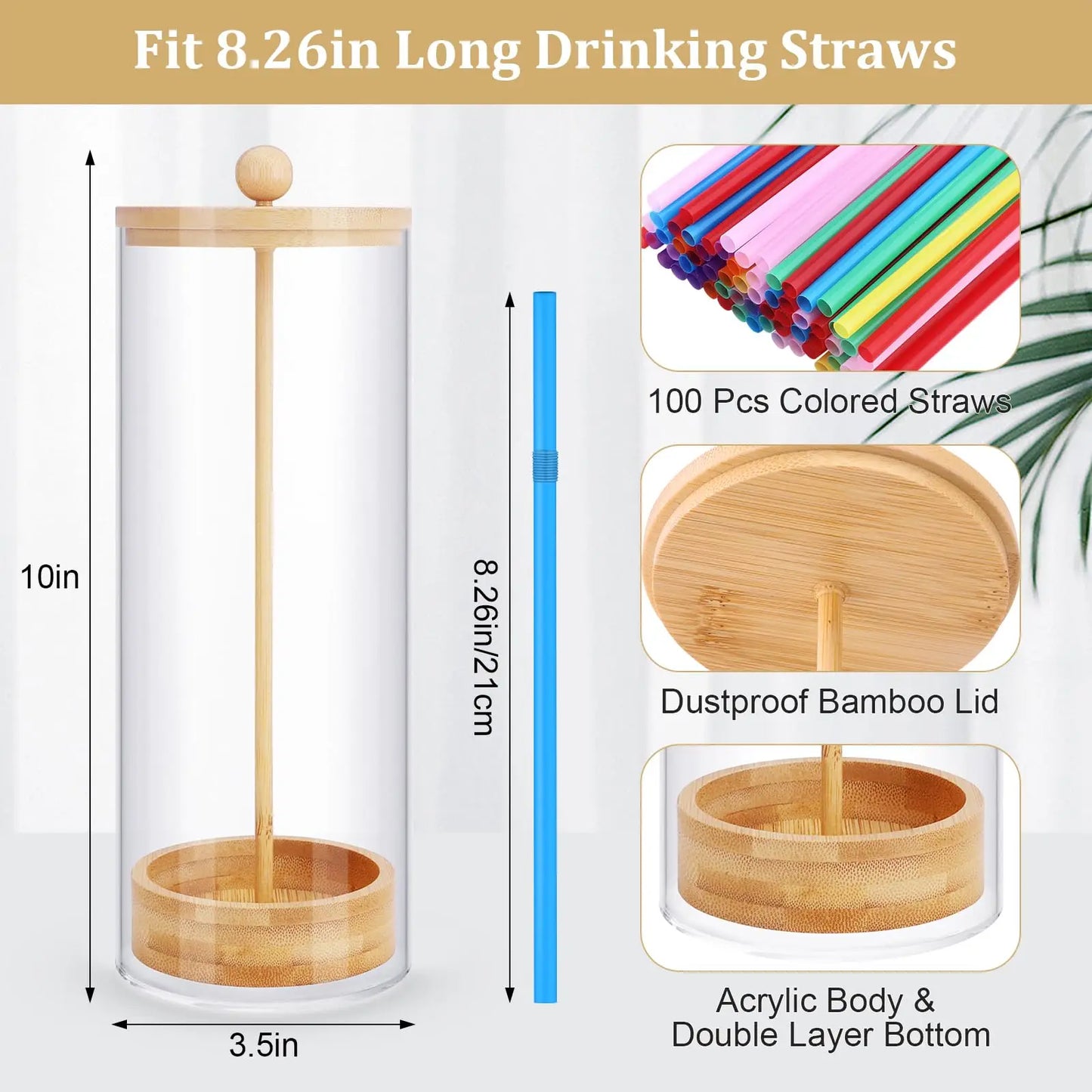 Bamboo Drinking Straw Holder Straw Dispenser with Disposable Plastic Straws Acrylic Portable Straw Storage Box Kitchen Organizer