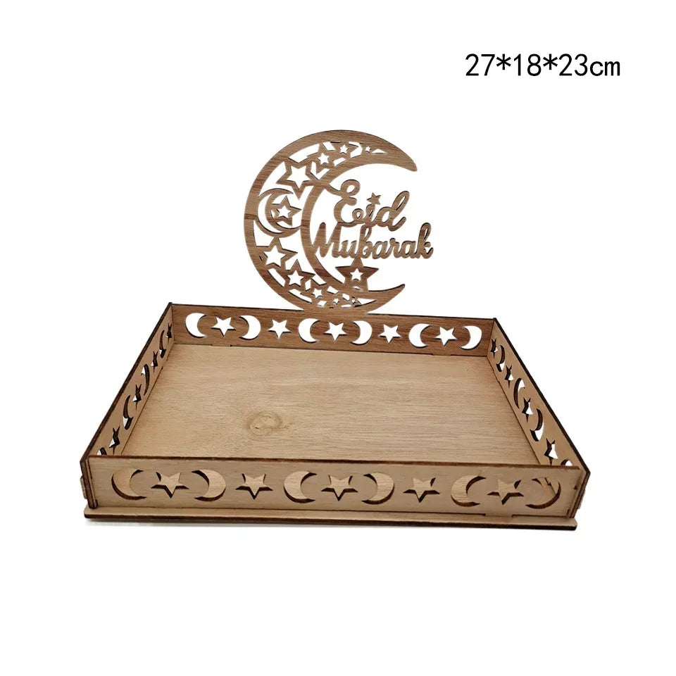 Wooden Eid Mubarak Moon Star Tray for Ramadan Kareem Food Holder Table Decoration Al Adha Islamic Muslim Party Supplies