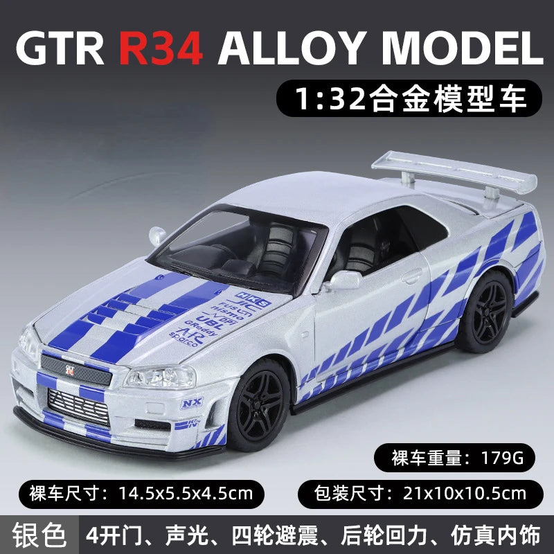 1:32 Nissan GTR R34 Fast & Furious Alloy Car Model Diecasts Toy With Sound and Light Vehicles Decoration Toys For Kids Gift A903