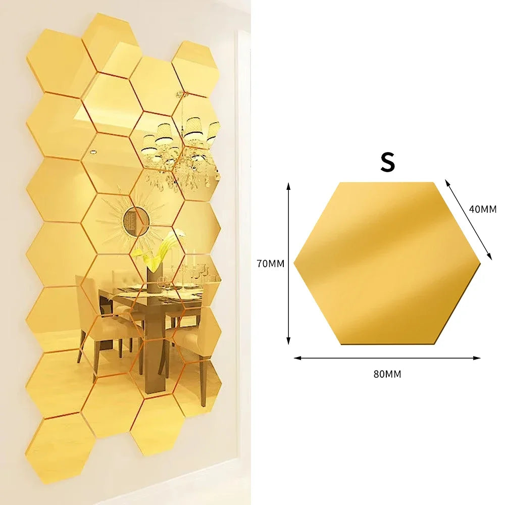 6/48Pcs Hexagonal Acrylic Mirror Wall Stickers Mirror Solid Paster Self-adhesive Gold Silver Decals Home Bedroom Art Decoration