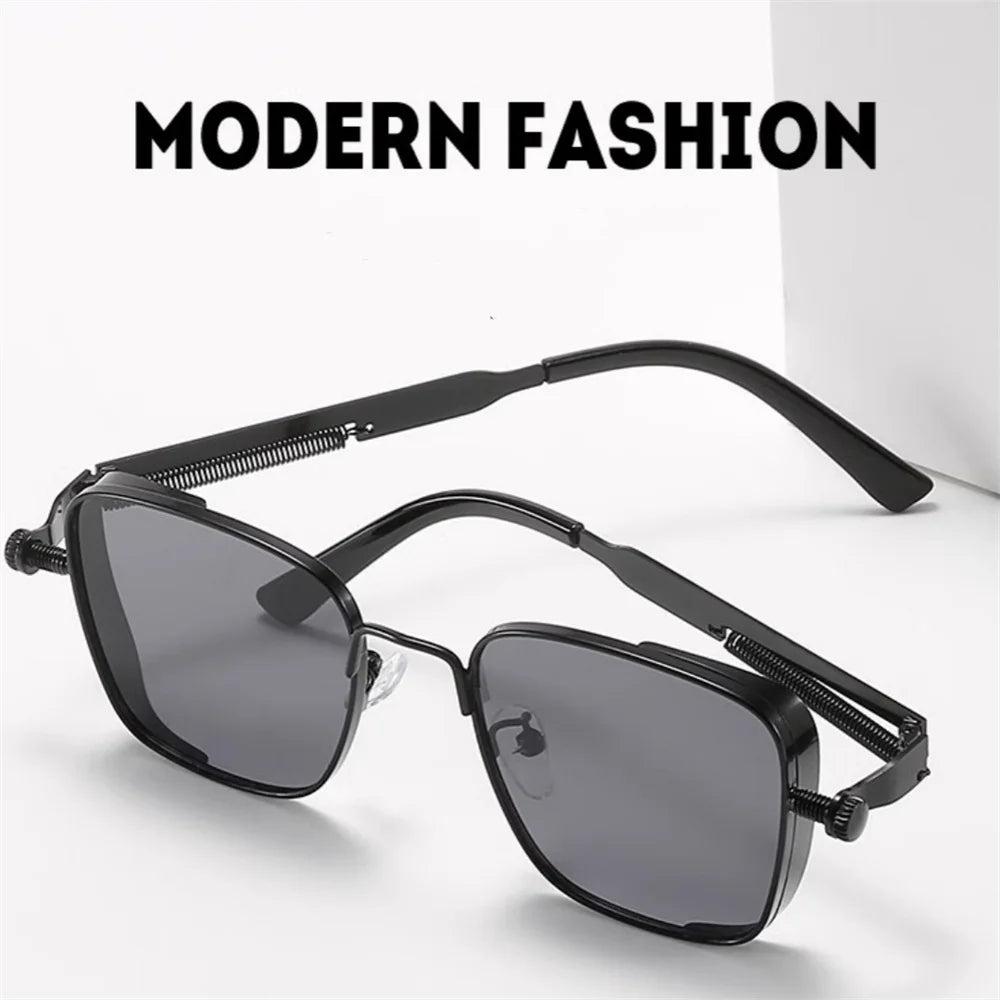 New Vintage Steampunk Square Metal Frame Sunglasses with Spring Hinges Retro Fashion Men Women Classic Driving Sun Glasses UV400