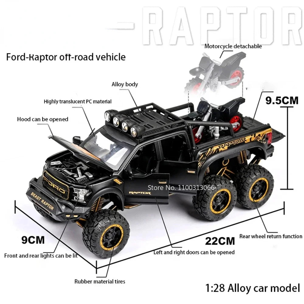 1:24 Ford Raptor F150 Model Toy Cars Alloy Diecast Off-Road Vehicles Sound Light Pull Back Doors Opened Pickup Trucks Kids Gifts