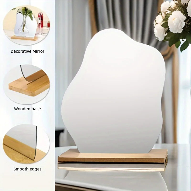 1PC Regular Aesthetic Vanity Acrylic Mirror Frameless, Cloud Shape Decorative Desk Tabletop Mirrors with Wooden Stand for Decor