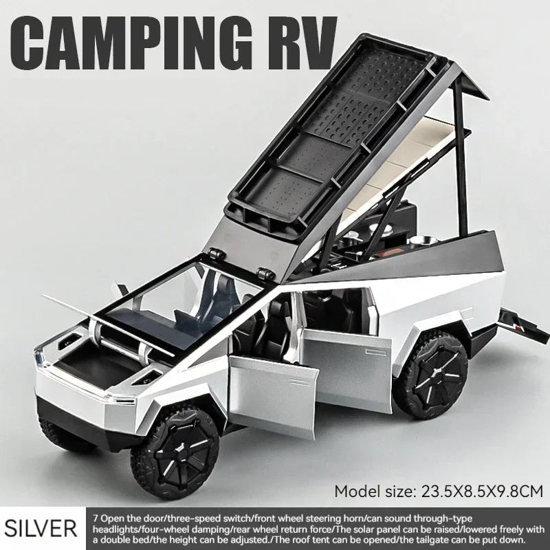 1:24 Tesla Cybertruck Camping RV Alloy Diecast Car Model Sound & Light Adult Display Collectibles Birthday Gifts Holiday Present