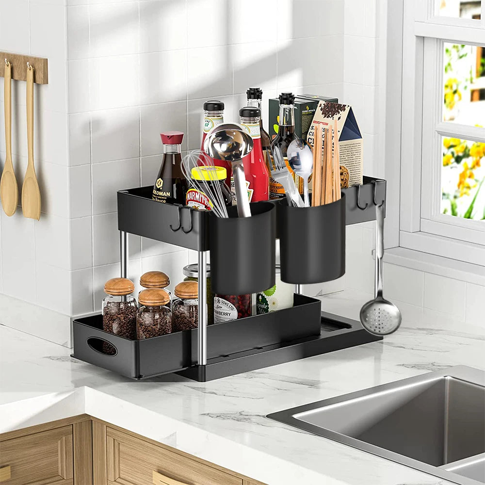 2 Tier Under Sink Organizer Sliding Cabinet Basket Organizer Storage Rack with Hooks Hanging Cup Bathroom Kitchen Organizer