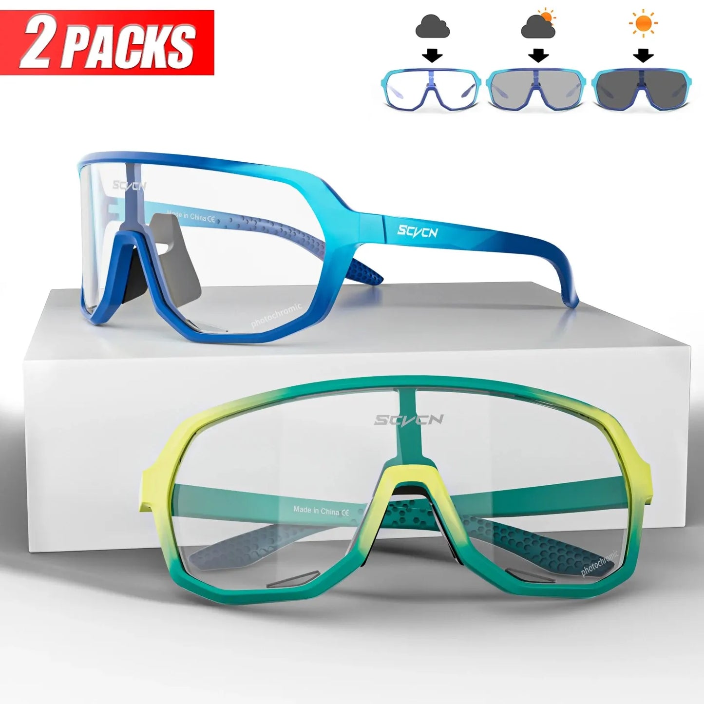 2 Packs Photochromic Cycling Glasses Outdoor Sports Bicycle Sunglasses Men MTB Cycling Goggles Women Road Bike Eyewear