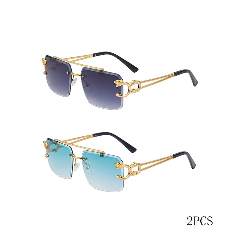 Fashion Leopard Rimless Sunglasses Double Bridges Gradient Ocean Film Shades UV400