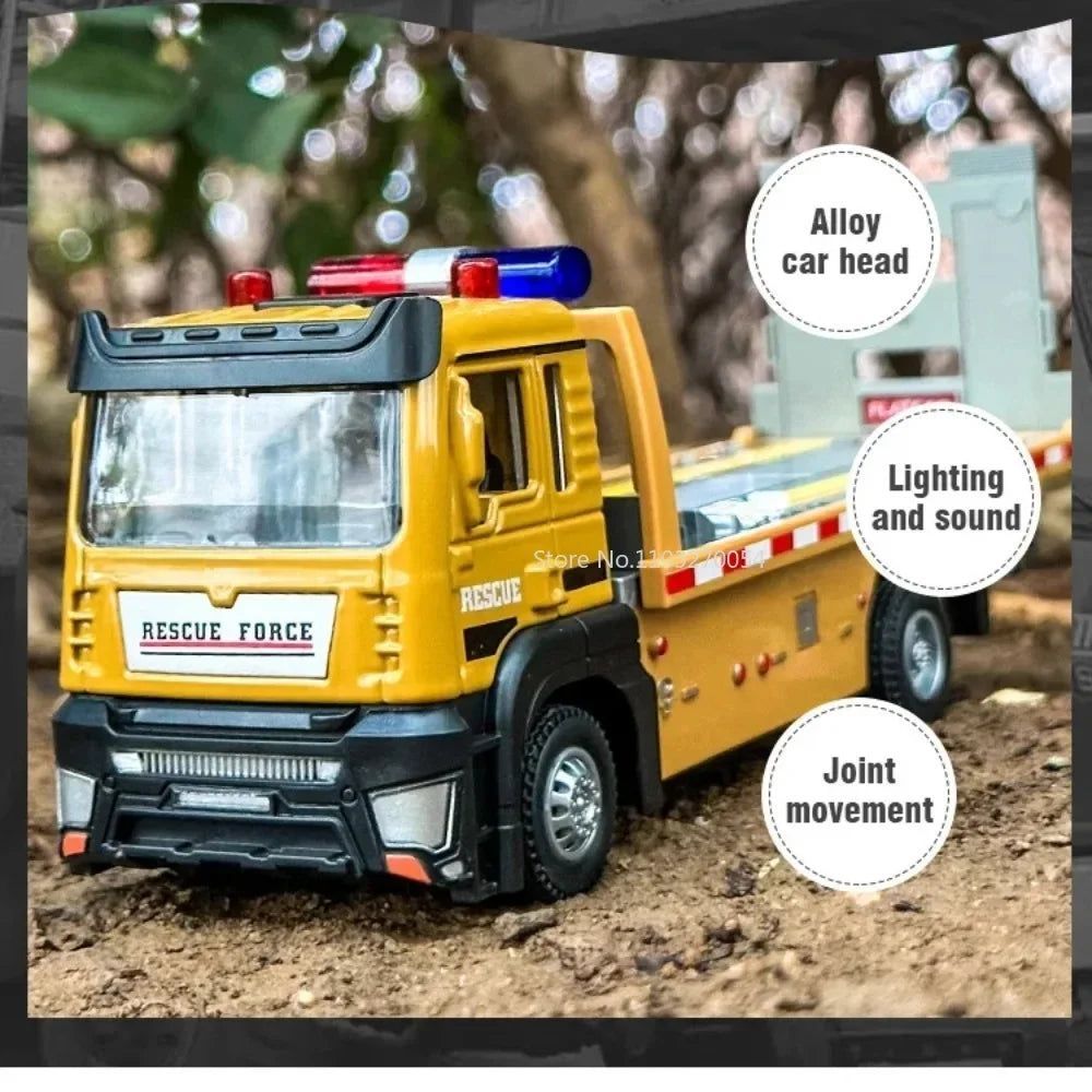 1:32 Engineering Flatbed Trailer Miniature Car Model Toy Diecast Alloy Vehicles Pull Back Sound Light Model Boy's Christmas Gift