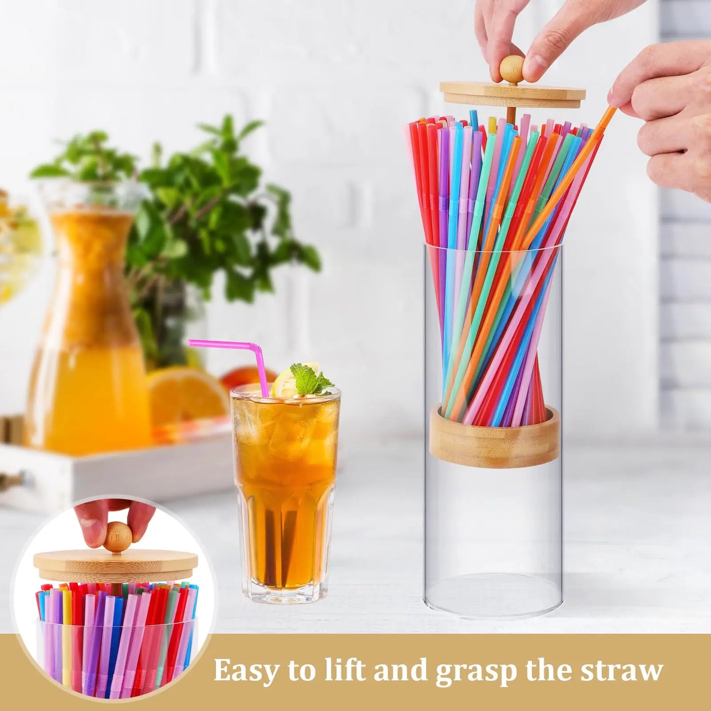 Bamboo Drinking Straw Holder Straw Dispenser with Disposable Plastic Straws Acrylic Portable Straw Storage Box Kitchen Organizer