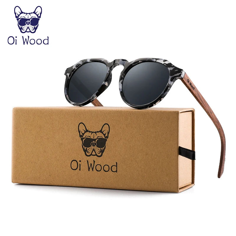 Oi Wood Sunglasses Women Men's Sun Glasses  Walnut Wood Round Eyeglasses Red LensTortoise Shell Frames