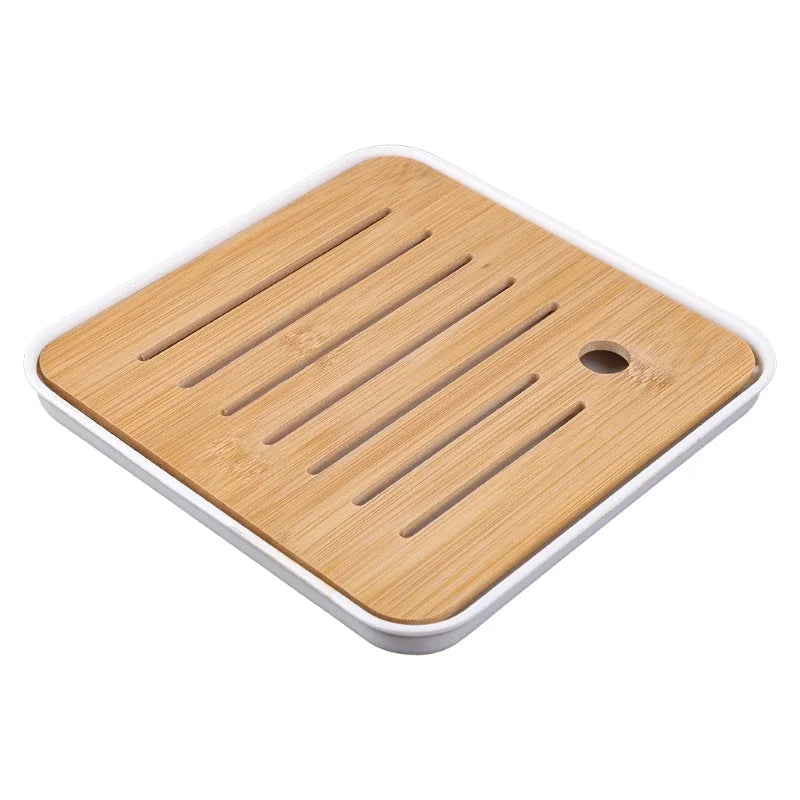 Bamboo Chinese Gongfu Tea Tray Box with Water Storage Drainage  Serving Wood Marble  Holder Table