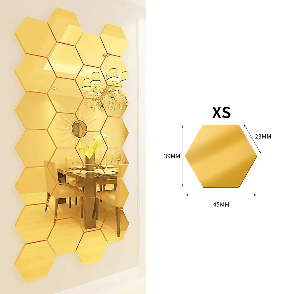 6/48Pcs Hexagonal Acrylic Mirror Wall Stickers Mirror Solid Paster Self-adhesive Gold Silver Decals Home Bedroom Art Decoration