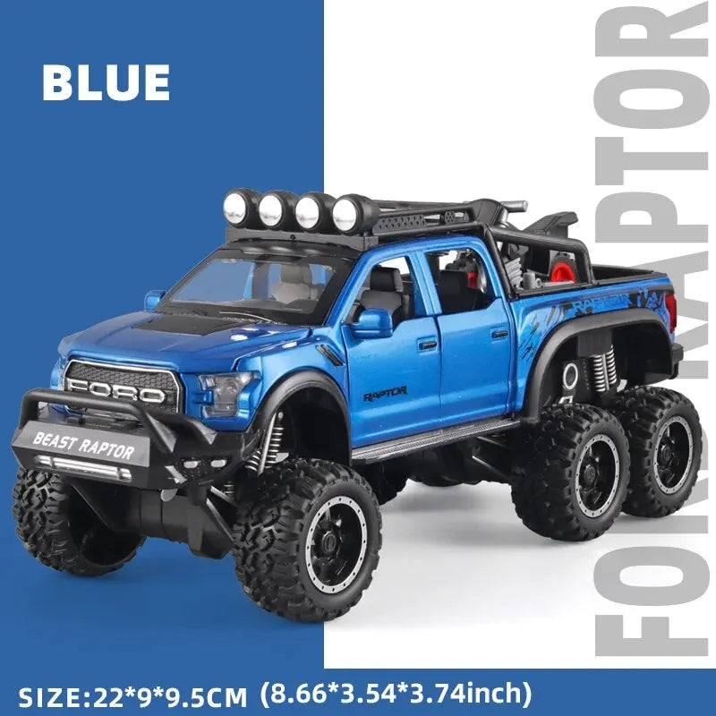 1:24 Pickup Trucks for Boys F150 Raptor Diecast Metal Model Car with Sound and Light for Kids Age 3 Year and up Blue