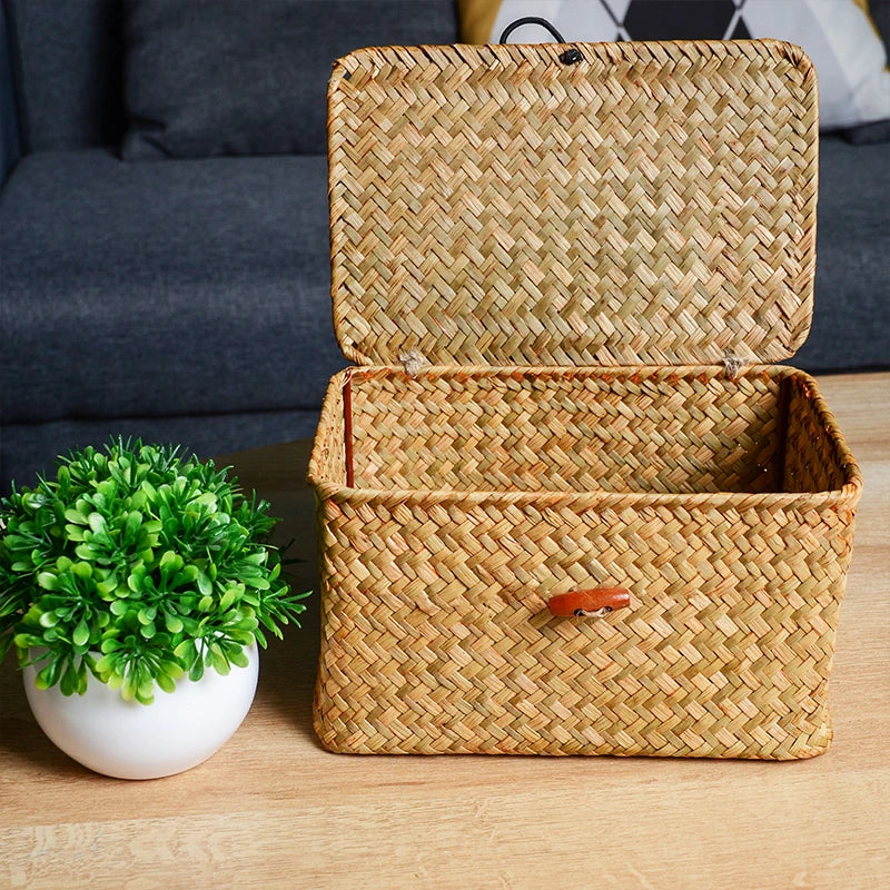 Storage Shelf Basket with Lid Rectangular Handmade Seagrass Rattan Woven Makeup Organizer Multipurpose Container Natural Box for