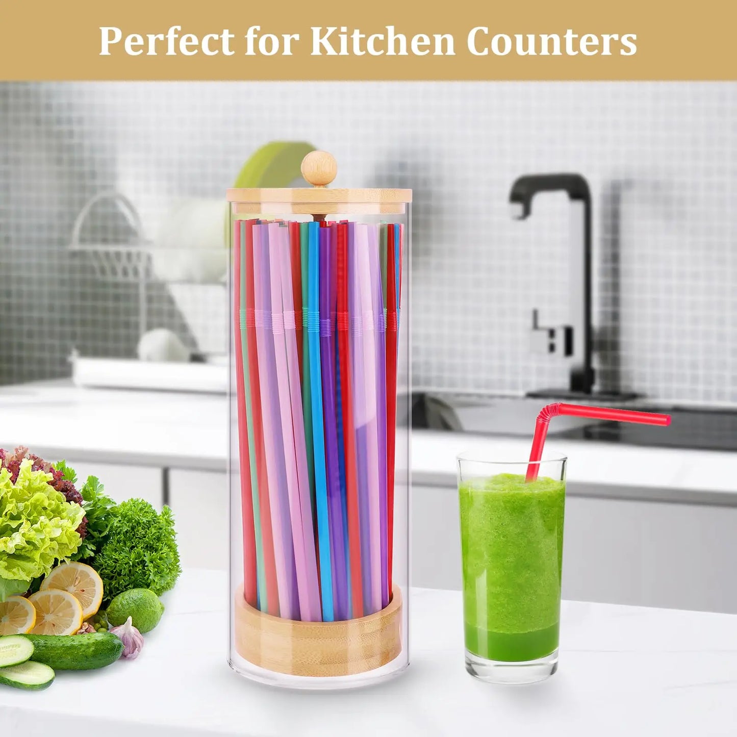 Bamboo Drinking Straw Holder Straw Dispenser with Disposable Plastic Straws Acrylic Portable Straw Storage Box Kitchen Organizer