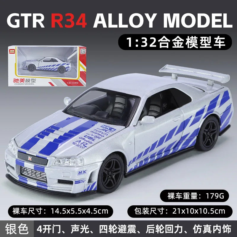 1:32 Nissan GTR R34 Fast & Furious Alloy Car Model Diecasts Toy With Sound and Light Vehicles Decoration Toys For Kids Gift A903