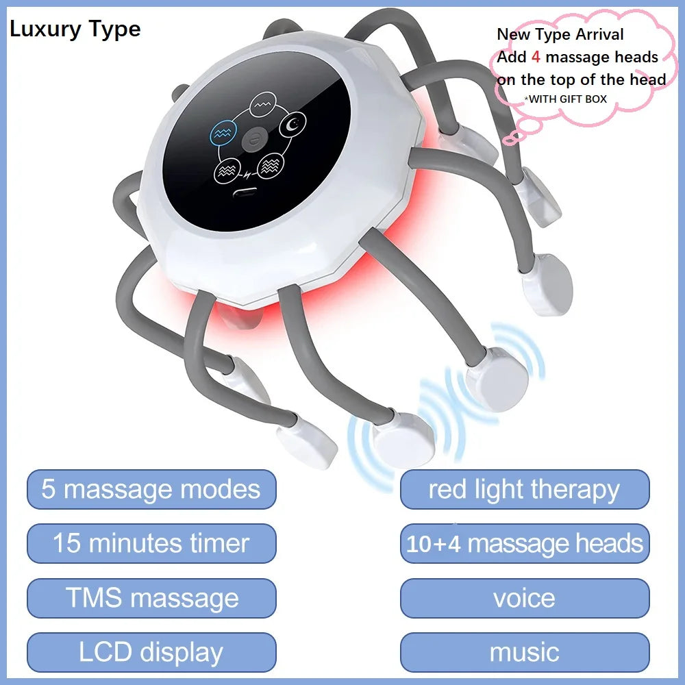 Electric Scalp Massager Head Massager Red Light Vibrator Octopus Head Scratcher For Relaxation Stress Migraine Recharge