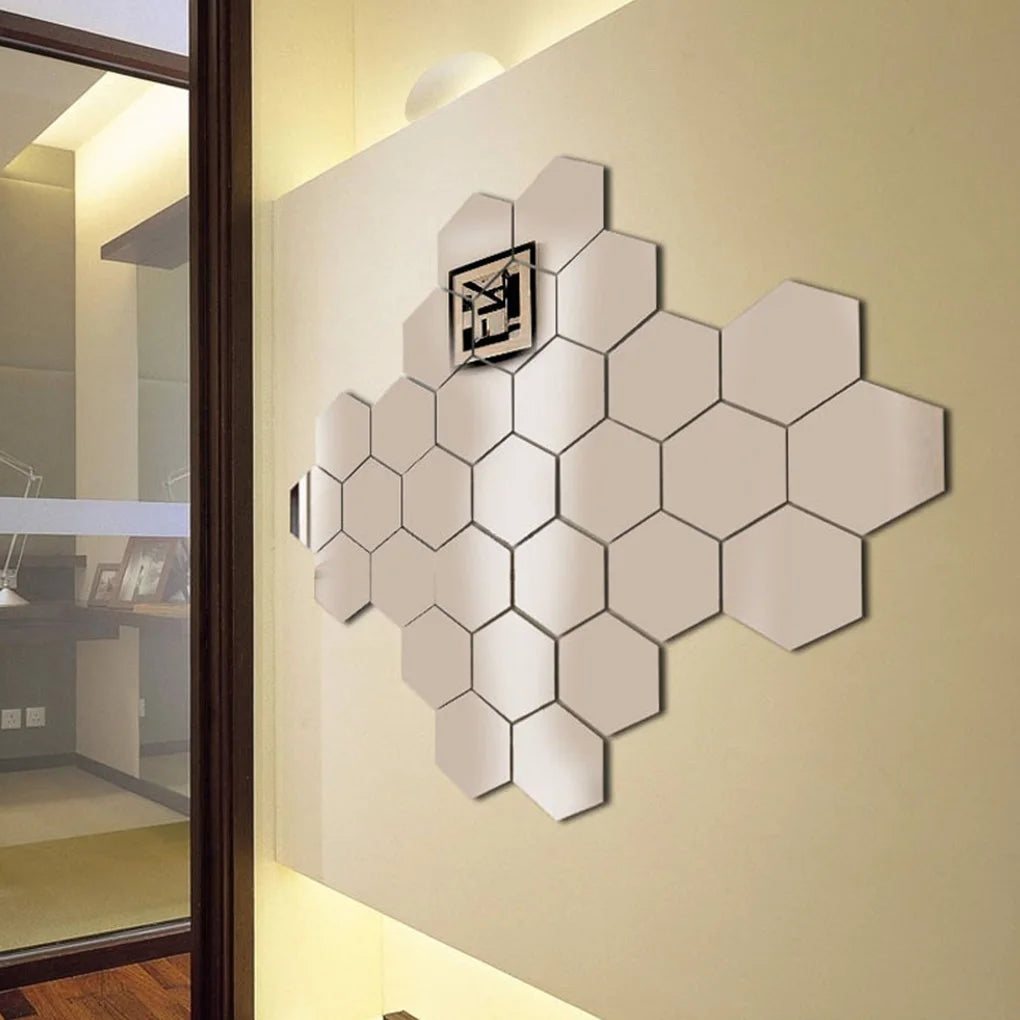 12 Pieces Hexagon Mirror Stickers 3D Acrylic Smooth Surface Reflective Effect Wall Decal Home Use Living Room Decoration