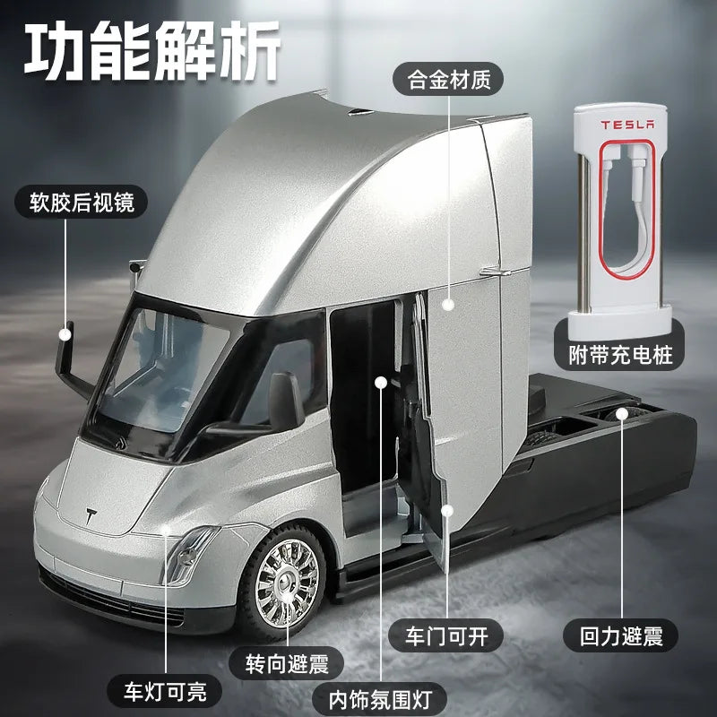 1:24 Tesla SEMI truck Head Trailer Model Metal Alloy Diecast Sound & Light Gift With Boys Collection Car Model Toy C325