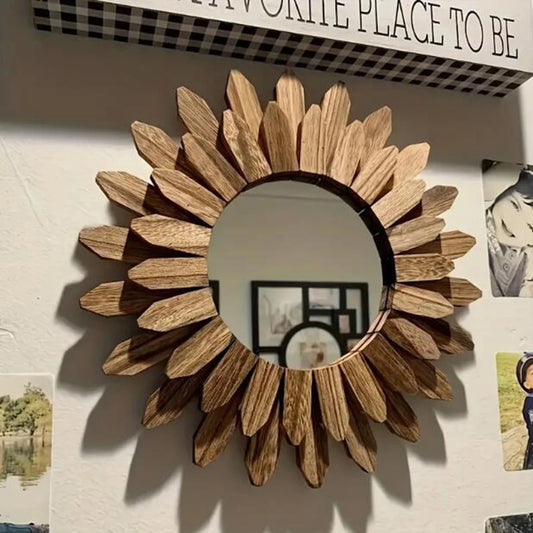 1pcs A Sunflower Style Mirror, Wall Mounted Mirror, Wooden Decorative Mirror, Entrance Bedroom And Living Room Wall Mirror