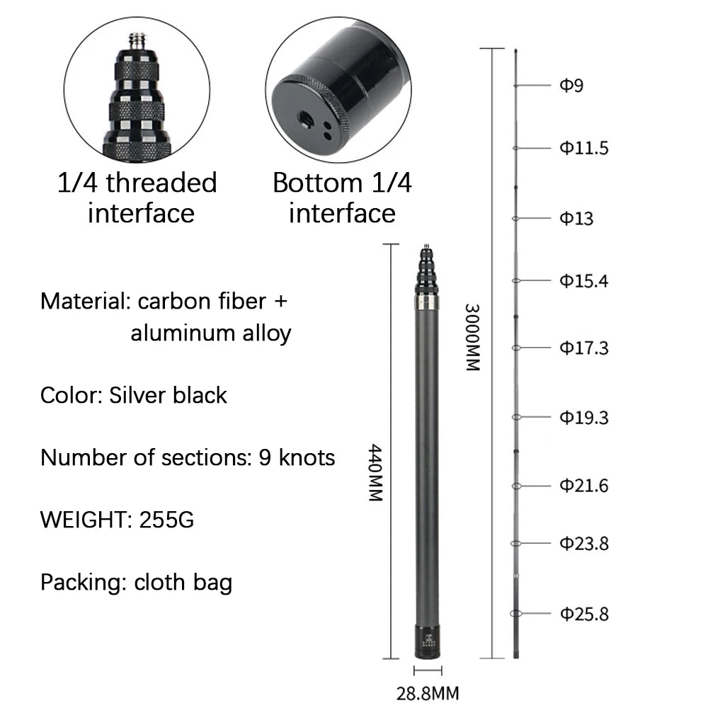 HONGDAK 3m Carbon Fiber Scalable Monopod  Extended Edition Invisible Selfie Stick for Insta360 X3 X2 For Go Pro Stick Tripod