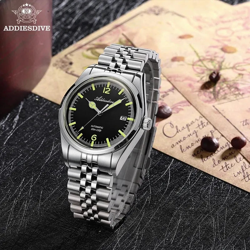 ADDIESDIVE Automatic Mechanical Watch Man Business Leisure Wristwatch NH35 Luxury Silver Luminous Waterproof Watches