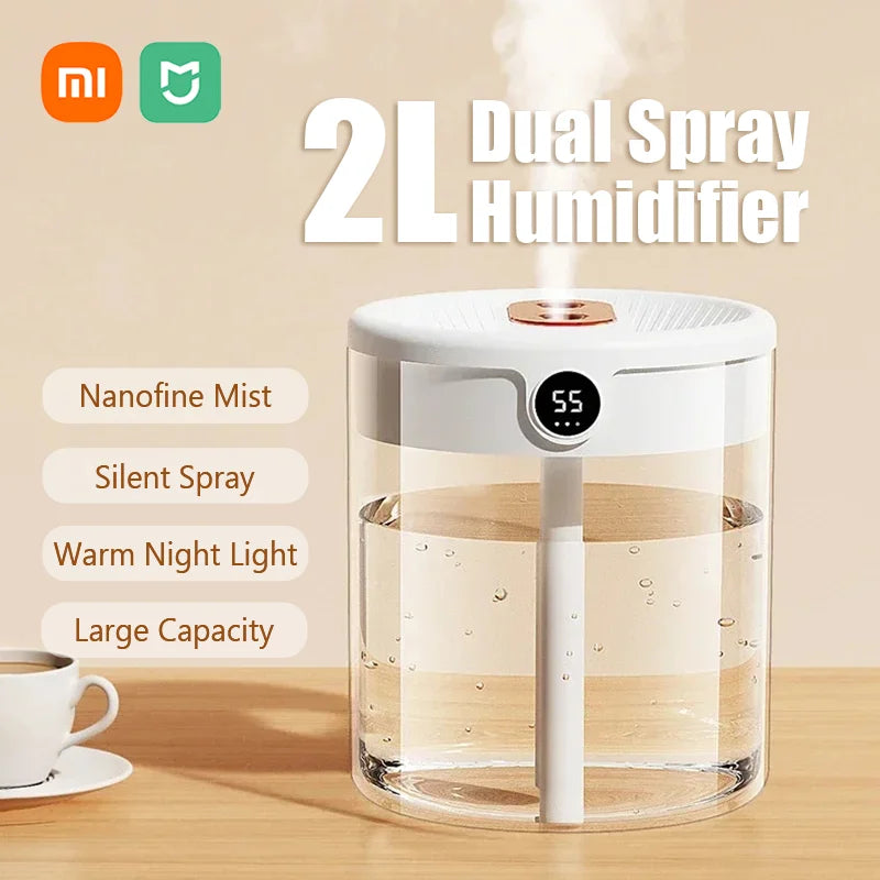 Xiaomi 2L Dual Spray Humidifier Digital Night Light USB Plug Big Capacity Nano Fine Mist Household Car Air Humidification Device