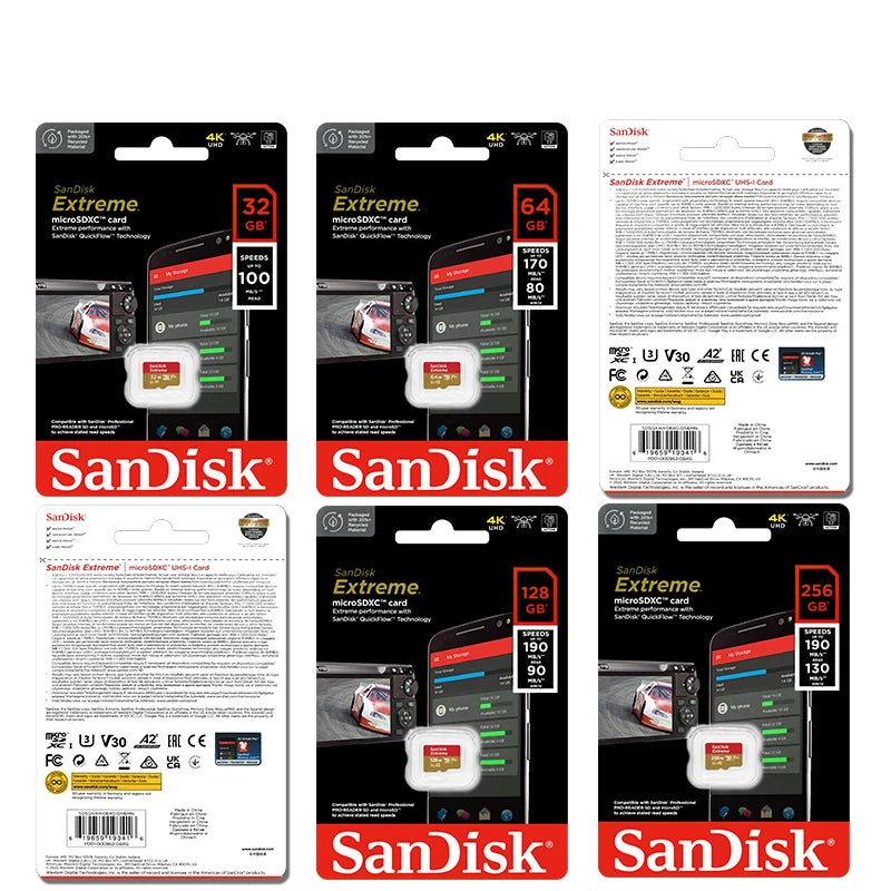 SanDisk Memory Card Extreme PRO microSDXC Card 256GB 128GB 64GB Read Speed 32GB 100MB/s TF Card U3 4K UHD Micro SD Card