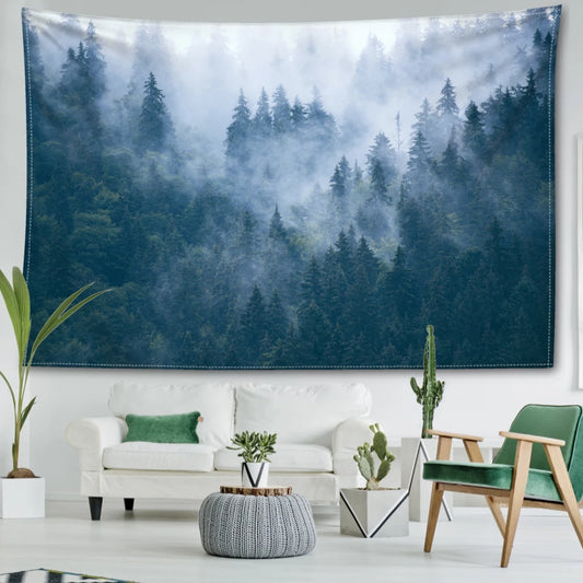 Misty Forest Tapestry Wall Hanging Natural Art Landscape Bohemian Minimalist Art Hippy Living Room Bedroom Home Decor