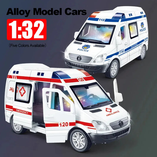 1:32 Mini Alloy Car Diecast Ambulance Fire-Truck Policecar Model Sound And Light Vehicle Simulation Collection Gifts Toys Boys