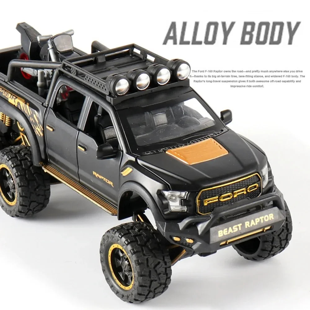 1:24 Ford Raptor F150 Model Toy Cars Alloy Diecast Off-Road Vehicles Sound Light Pull Back Doors Opened Pickup Trucks Kids Gifts